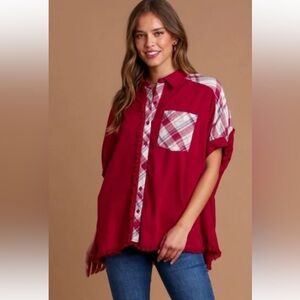 Umgee Ruby Red Plaid Button Down rolled short sleeve Shirt PTP:30 Length:27 NWT